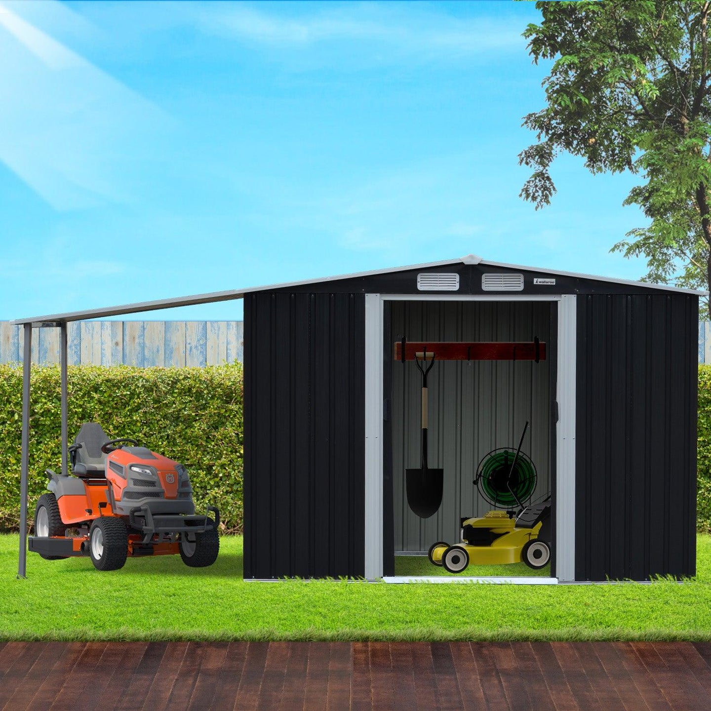 Buy Wallaroo 8x8ft Zinc Steel Garden Shed with Open Storage - Black discounted | Products On Sale Australia