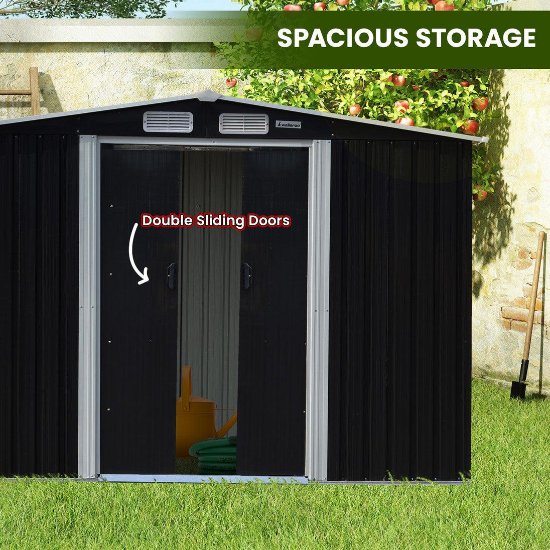 Buy Wallaroo 8x8ft Zinc Steel Garden Shed with Open Storage - Black discounted | Products On Sale Australia