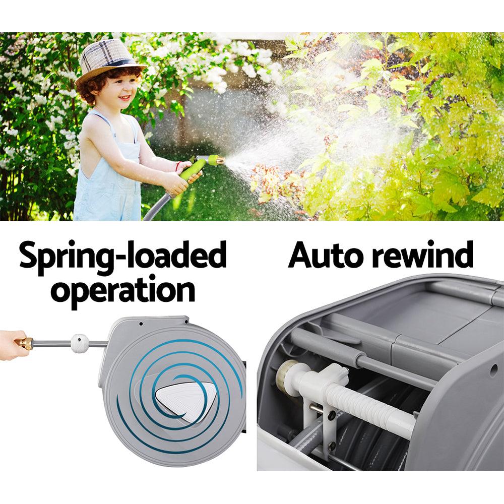 Buy Water Hose Reel 30M Retractable Garden Auto Rewind Brass Spray Gun discounted | Products On Sale Australia