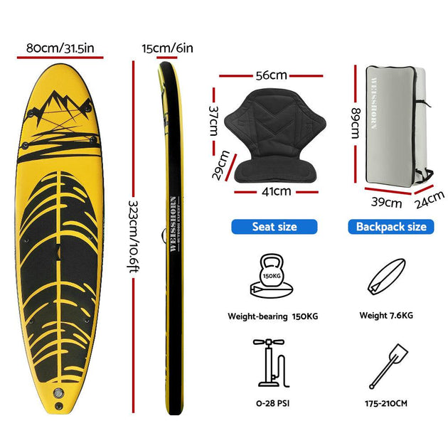 Buy Weisshorn Stand Up Paddle Board 10.6ft Inflatable SUP Surfboard Paddleboard Kayak Surf Yellow discounted | Products On Sale Australia