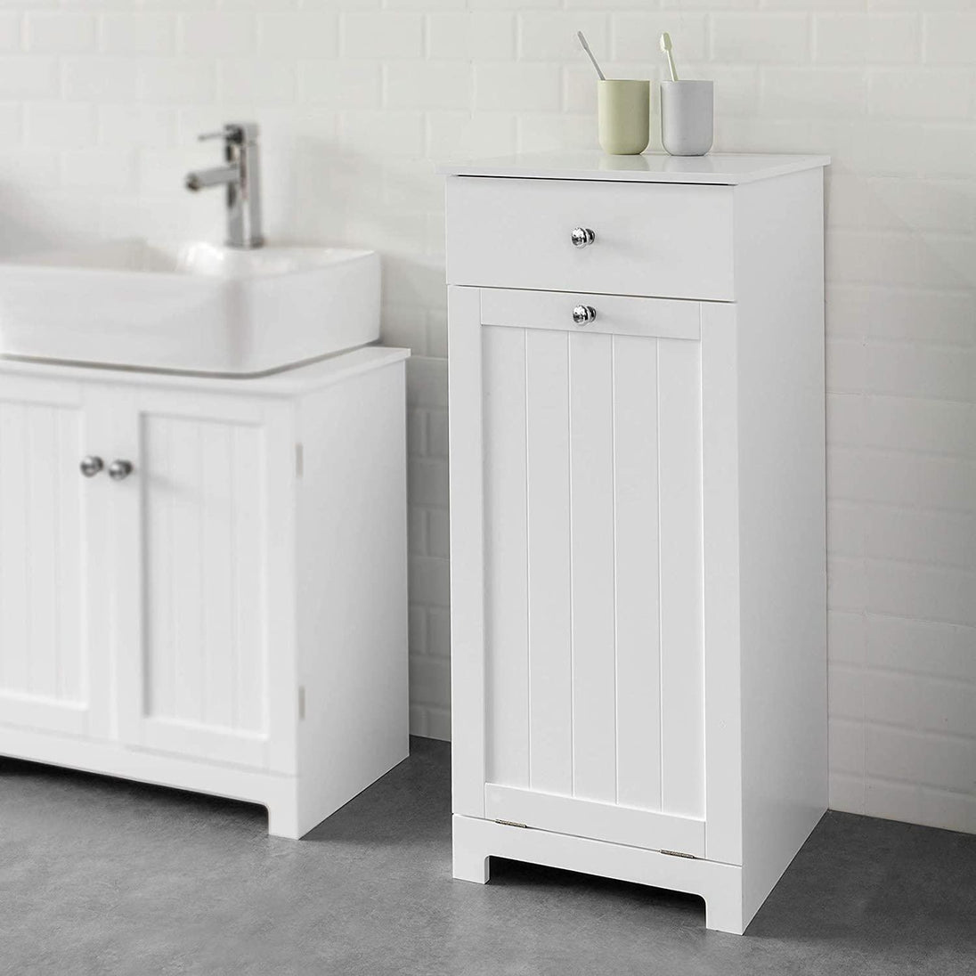 Buy White Bathroom Cabinet with Laundry Basket and Drawer discounted | Products On Sale Australia