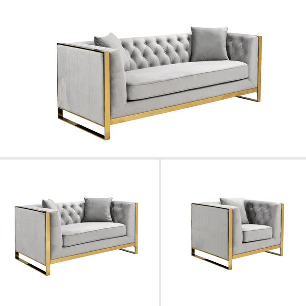 Buy William Lounge - Light Grey Velvet - Gold Trims discounted | Products On Sale Australia